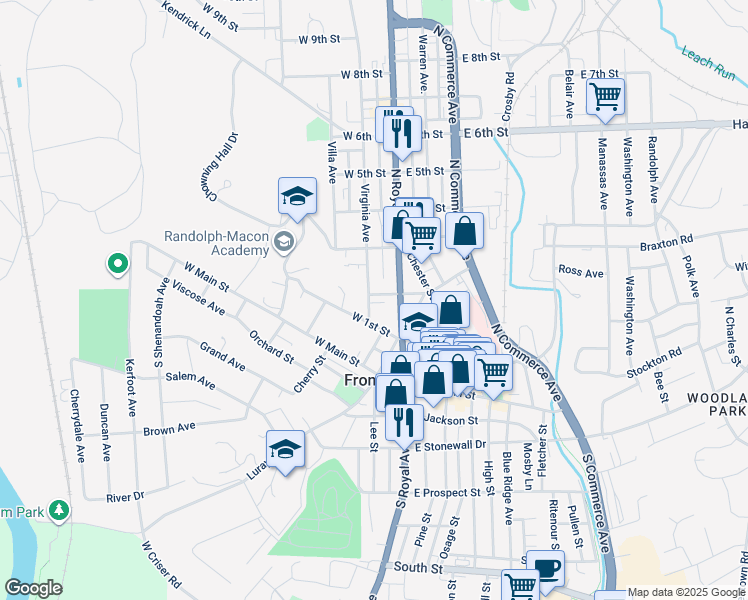 map of restaurants, bars, coffee shops, grocery stores, and more near 123 Virginia Avenue in Front Royal