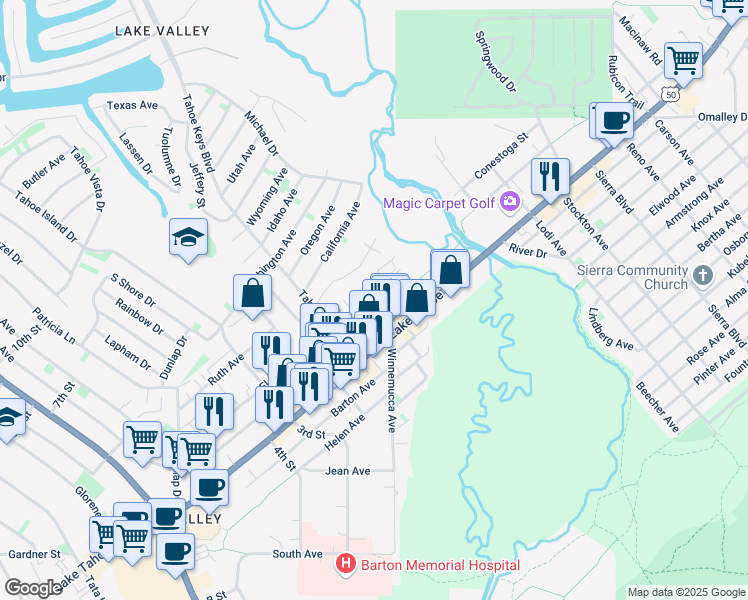 map of restaurants, bars, coffee shops, grocery stores, and more near 2300 Eloise Avenue in South Lake Tahoe