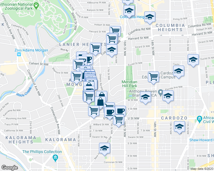 map of restaurants, bars, coffee shops, grocery stores, and more near 1700 Kalorama Road Northwest in Washington