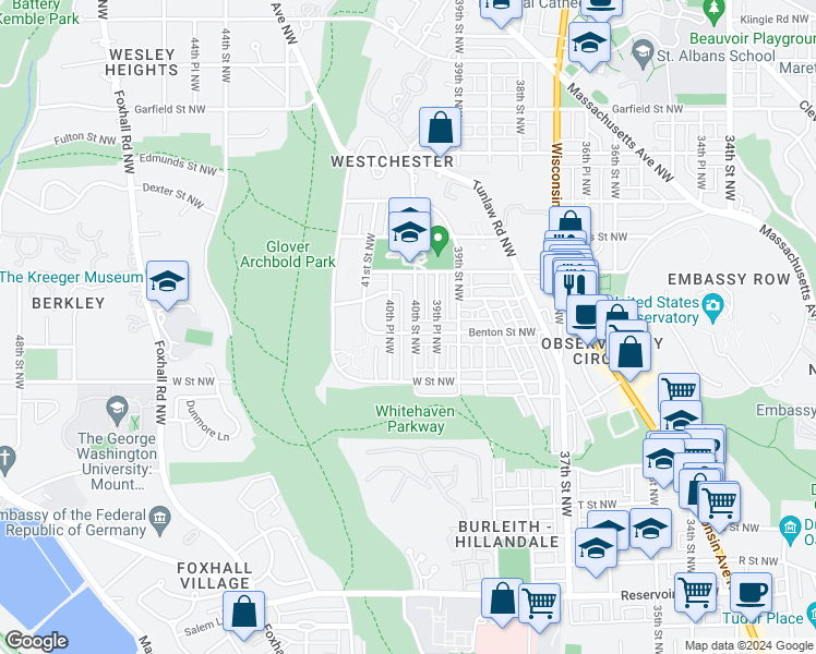 map of restaurants, bars, coffee shops, grocery stores, and more near 2300 40th Street Northwest in Washington