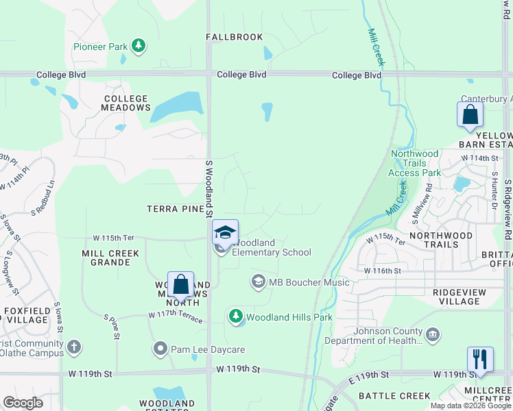 map of restaurants, bars, coffee shops, grocery stores, and more near 11415 South Woodland Street in Olathe
