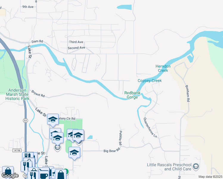 map of restaurants, bars, coffee shops, grocery stores, and more near 16715 Cache Creek Lane in Clearlake