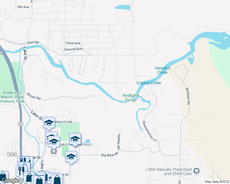 map of restaurants, bars, coffee shops, grocery stores, and more near 16745 Cache Creek Lane in Clearlake