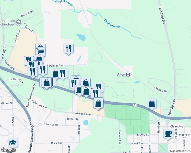 map of restaurants, bars, coffee shops, grocery stores, and more near 1770 Homer M Adams Parkway in Alton