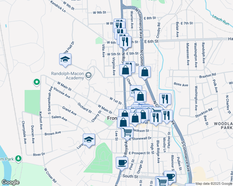 map of restaurants, bars, coffee shops, grocery stores, and more near 123 Virginia Avenue in Front Royal