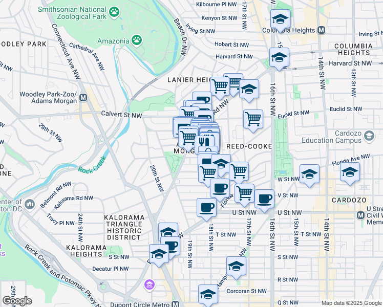 map of restaurants, bars, coffee shops, grocery stores, and more near 1831 Belmont Road Northwest in Washington