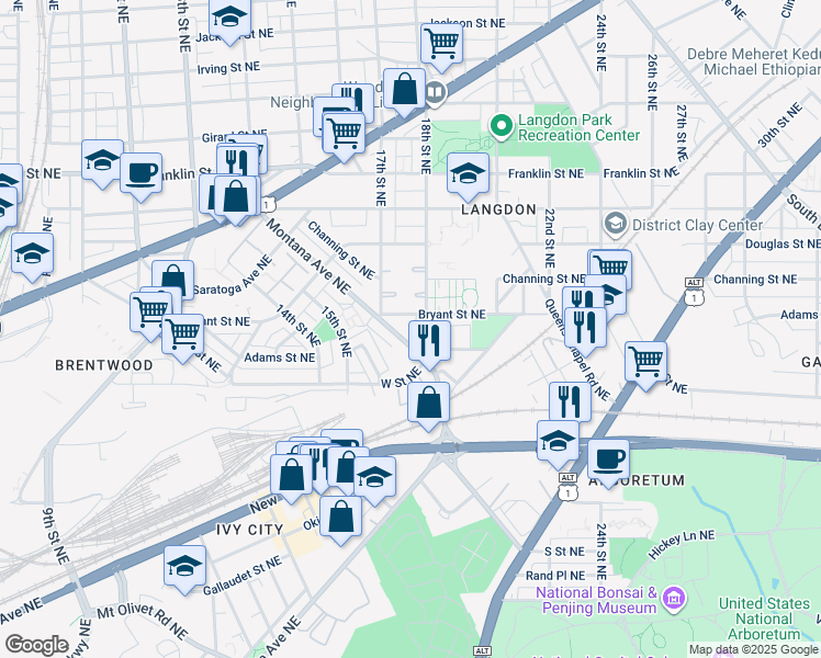 map of restaurants, bars, coffee shops, grocery stores, and more near 2322 18th Street Northeast in Washington