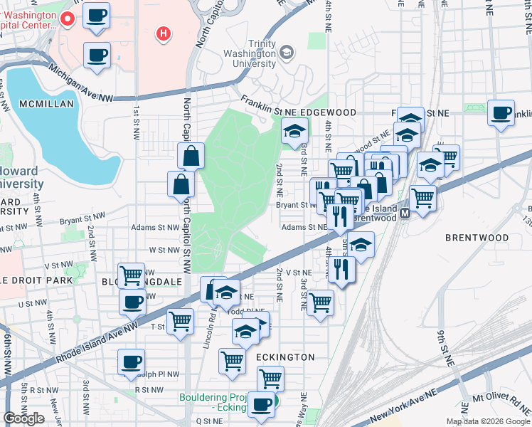 map of restaurants, bars, coffee shops, grocery stores, and more near 2321 Lincoln Road Northeast in Washington