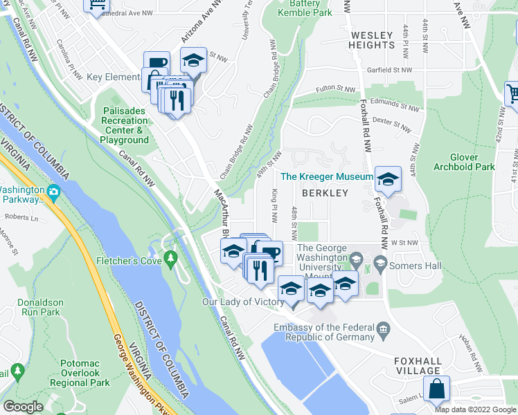 map of restaurants, bars, coffee shops, grocery stores, and more near 2323 49th Street Northwest in Washington