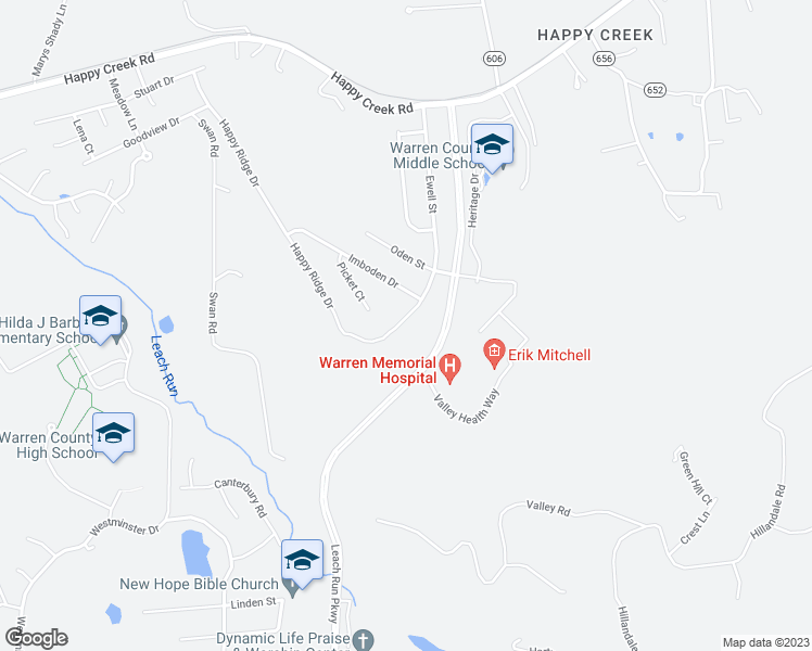 map of restaurants, bars, coffee shops, grocery stores, and more near 1201 Happy Ridge Drive in Front Royal