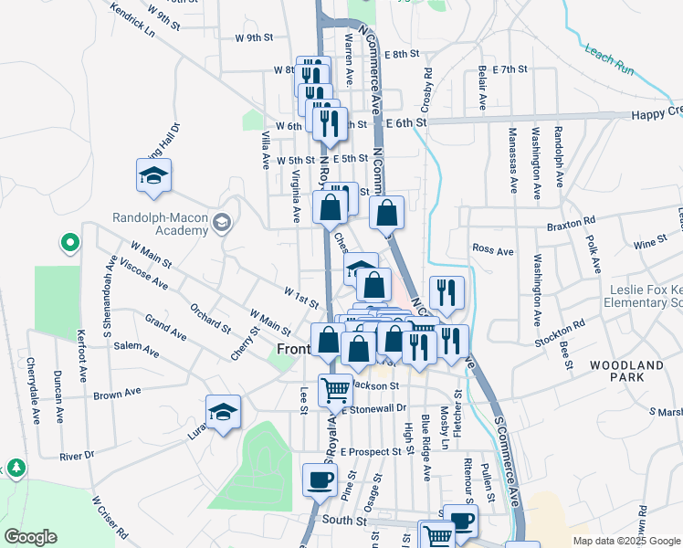 map of restaurants, bars, coffee shops, grocery stores, and more near 9 East 2nd Street in Front Royal
