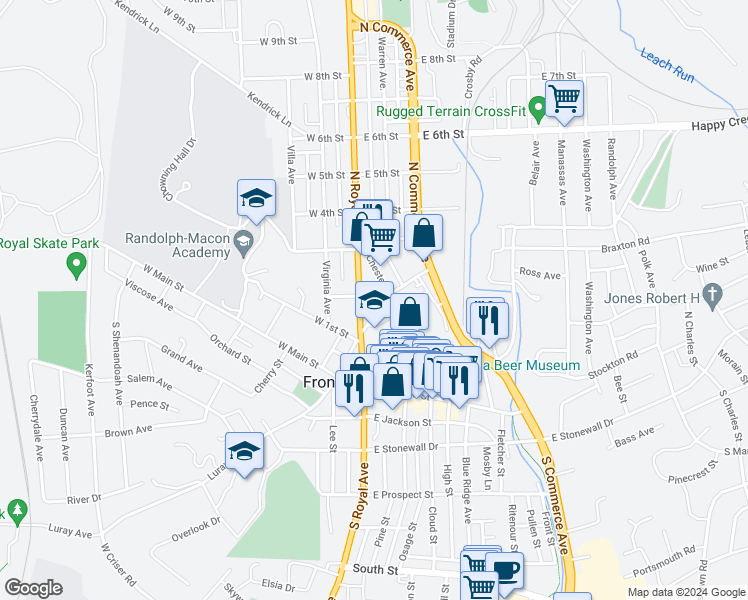 map of restaurants, bars, coffee shops, grocery stores, and more near 9 East 2nd Street in Front Royal