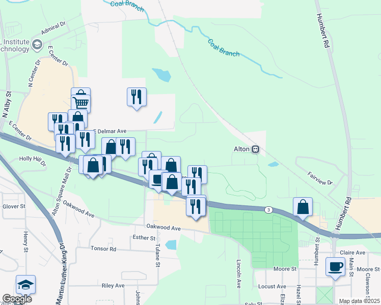 map of restaurants, bars, coffee shops, grocery stores, and more near 1770 Homer M Adams Parkway in Alton