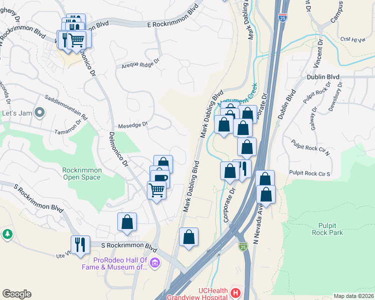map of restaurants, bars, coffee shops, grocery stores, and more near 250 Dolomite Drive in Colorado Springs