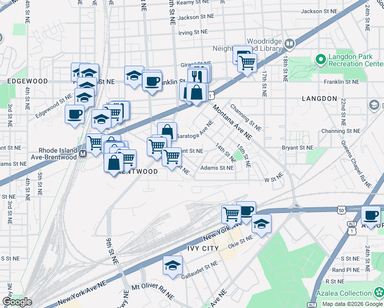 map of restaurants, bars, coffee shops, grocery stores, and more near 1351 Bryant Street Northeast in Washington