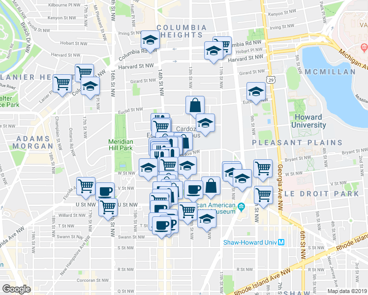 map of restaurants, bars, coffee shops, grocery stores, and more near 1310 Belmont Street Northwest in Washington