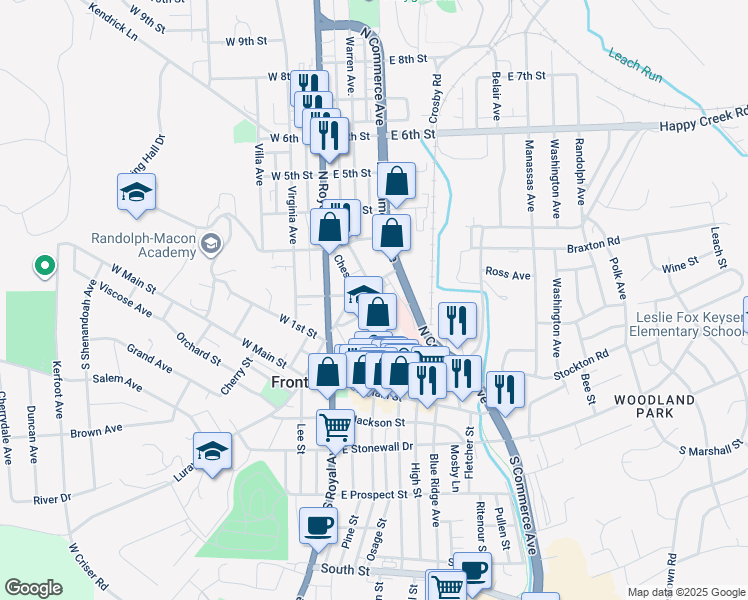 map of restaurants, bars, coffee shops, grocery stores, and more near 135 Chester Street in Front Royal