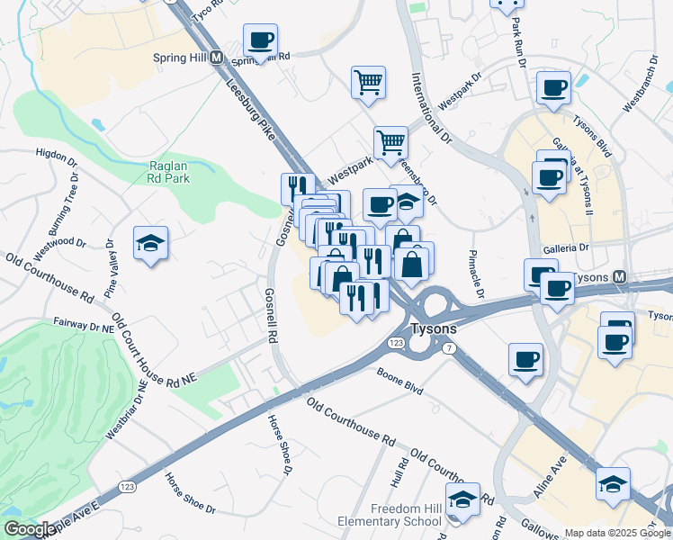 map of restaurants, bars, coffee shops, grocery stores, and more near 8365 Leesburg Pike in Vienna