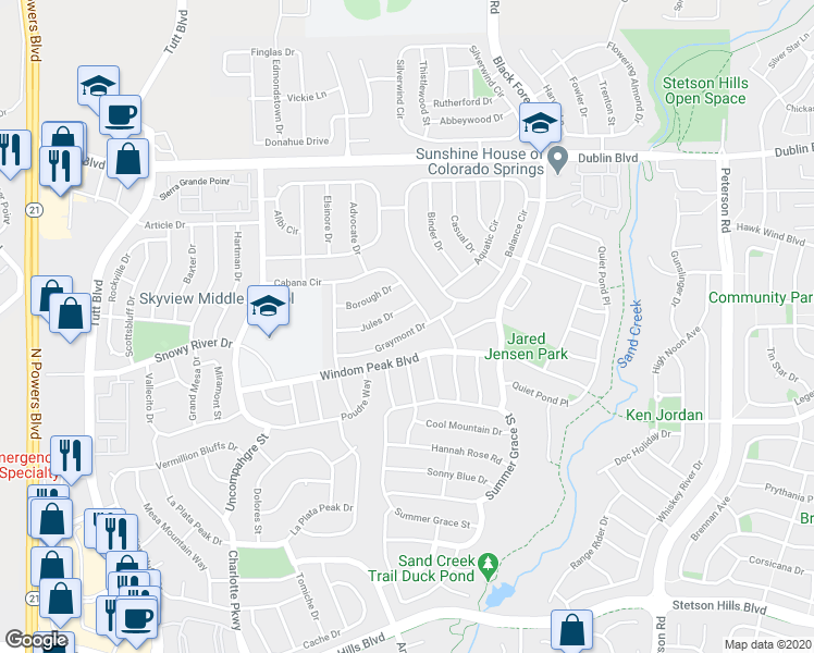 map of restaurants, bars, coffee shops, grocery stores, and more near 6547 Graymont Drive in Colorado Springs