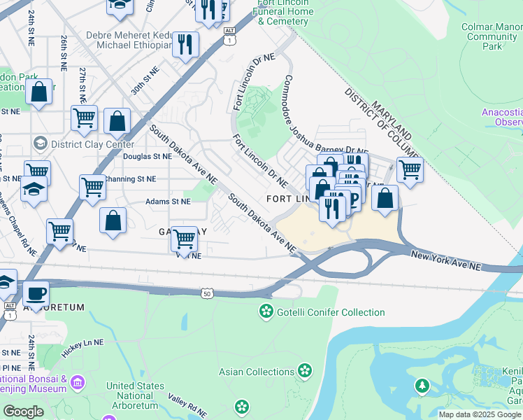 map of restaurants, bars, coffee shops, grocery stores, and more near 101 Independence Avenue Southeast in Washington
