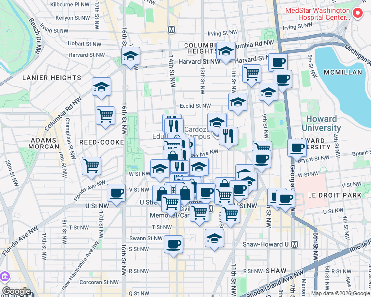 map of restaurants, bars, coffee shops, grocery stores, and more near 101 Independence Avenue Southeast in Washington