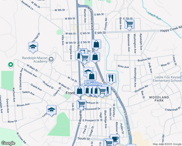 map of restaurants, bars, coffee shops, grocery stores, and more near 123 Chester Street in Front Royal
