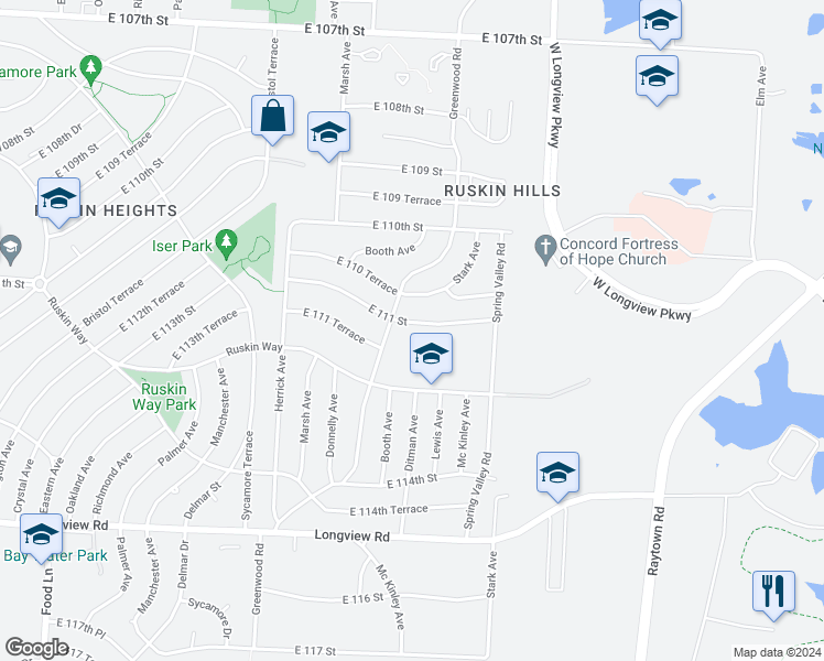 map of restaurants, bars, coffee shops, grocery stores, and more near 8715 East 111 Street in Kansas City