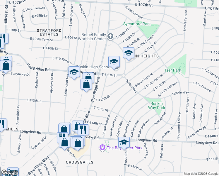 map of restaurants, bars, coffee shops, grocery stores, and more near 7110 East 112th Street in Kansas City