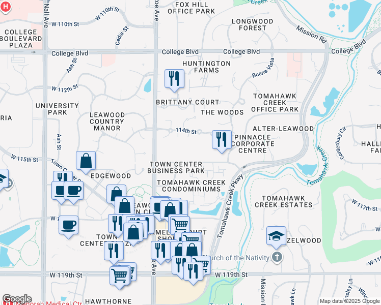 map of restaurants, bars, coffee shops, grocery stores, and more near 4400 West 115th Street in Leawood