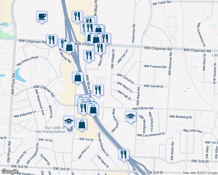 map of restaurants, bars, coffee shops, grocery stores, and more near 427 Northwest Village Drive in Lee's Summit
