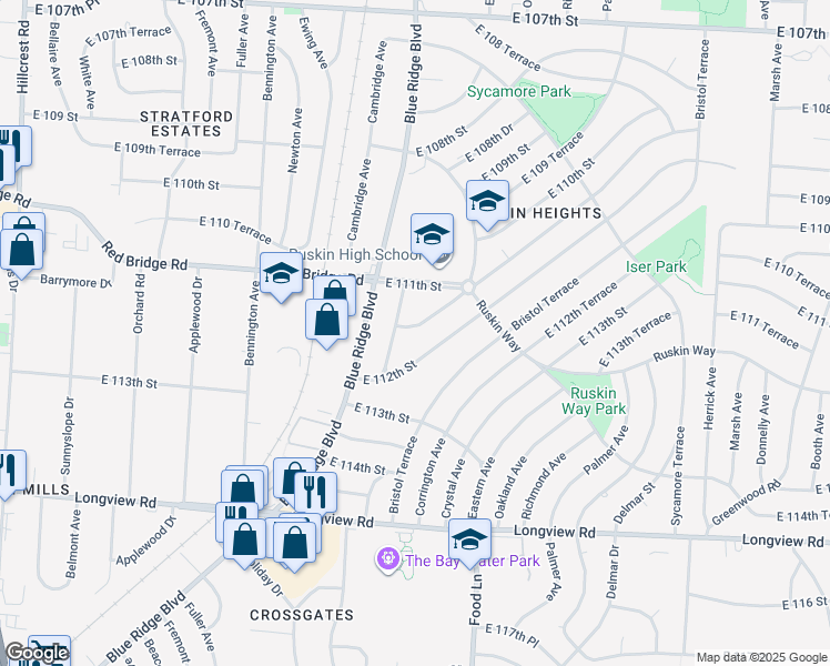 map of restaurants, bars, coffee shops, grocery stores, and more near 7110 East 112th Street in Kansas City