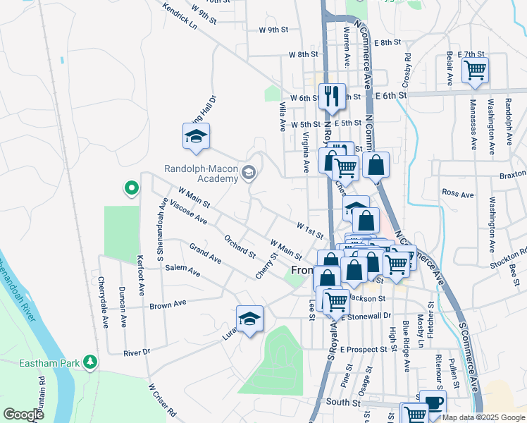 map of restaurants, bars, coffee shops, grocery stores, and more near 212 West 1st Street in Front Royal