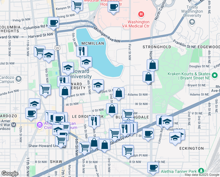 map of restaurants, bars, coffee shops, grocery stores, and more near 201 Bryant Street Northwest in Washington