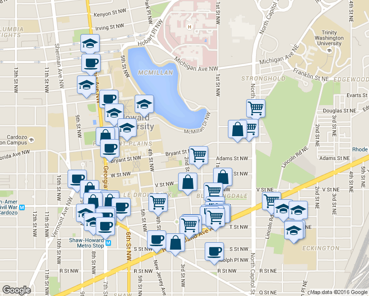 map of restaurants, bars, coffee shops, grocery stores, and more near 201 Bryant Street Northwest in Washington