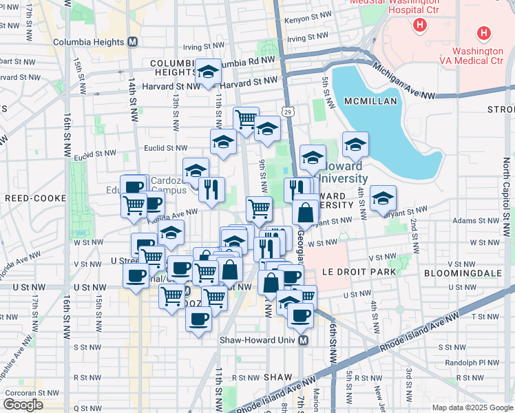 map of restaurants, bars, coffee shops, grocery stores, and more near 907 Barry Place Northwest in Washington