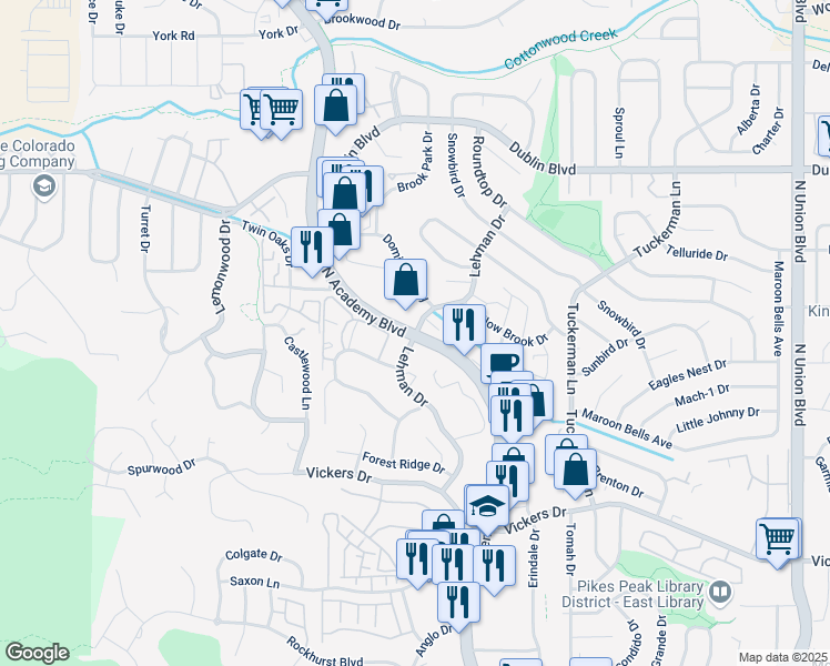 map of restaurants, bars, coffee shops, grocery stores, and more near 6200 Lehman Drive in Colorado Springs