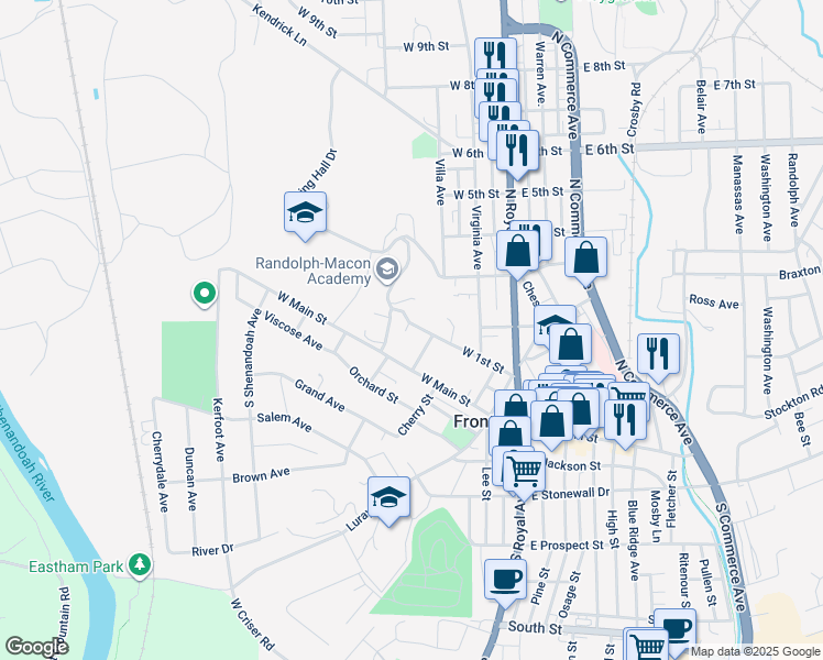 map of restaurants, bars, coffee shops, grocery stores, and more near 212 West 1st Street in Front Royal