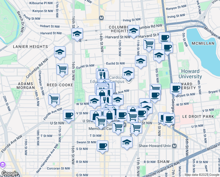 map of restaurants, bars, coffee shops, grocery stores, and more near 1336 Belmont Street Northwest in Washington