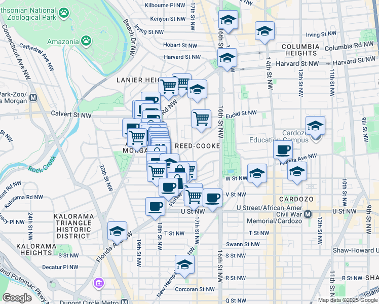 map of restaurants, bars, coffee shops, grocery stores, and more near 1700 Kalorama Road Northwest in Washington