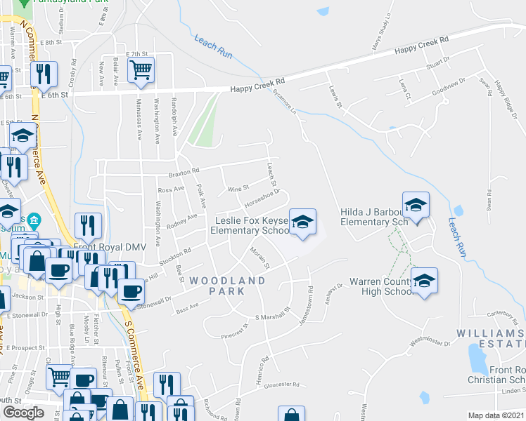 map of restaurants, bars, coffee shops, grocery stores, and more near 1008 Horseshoe Drive in Front Royal