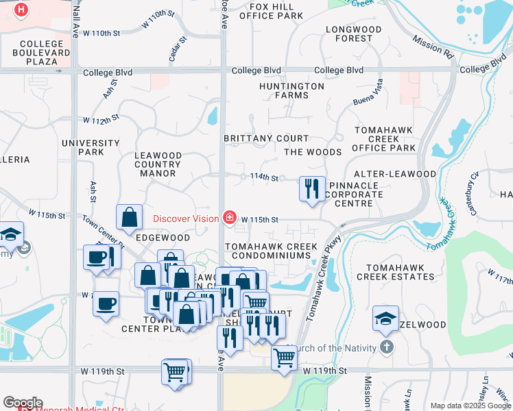 map of restaurants, bars, coffee shops, grocery stores, and more near 4400 West 115th Street in Leawood