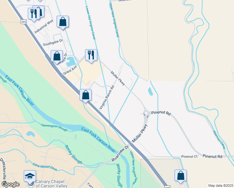 map of restaurants, bars, coffee shops, grocery stores, and more near 1565 Virginia Ranch Road in Gardnerville