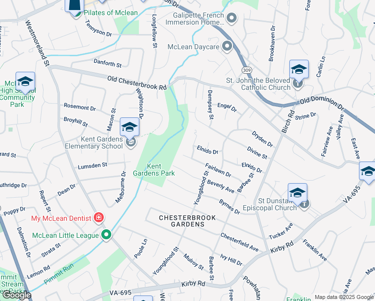 map of restaurants, bars, coffee shops, grocery stores, and more near 1712 Dalewood Place in McLean