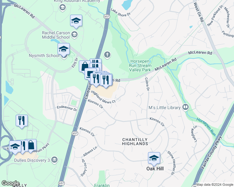 map of restaurants, bars, coffee shops, grocery stores, and more near 3042 Madden Court in Herndon