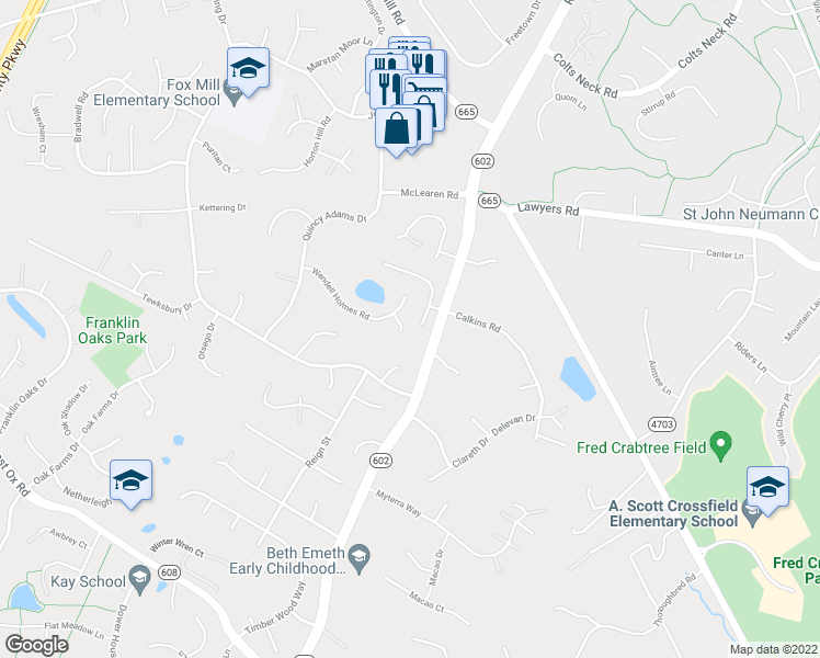 map of restaurants, bars, coffee shops, grocery stores, and more near 2728 Robaleed Way in Herndon