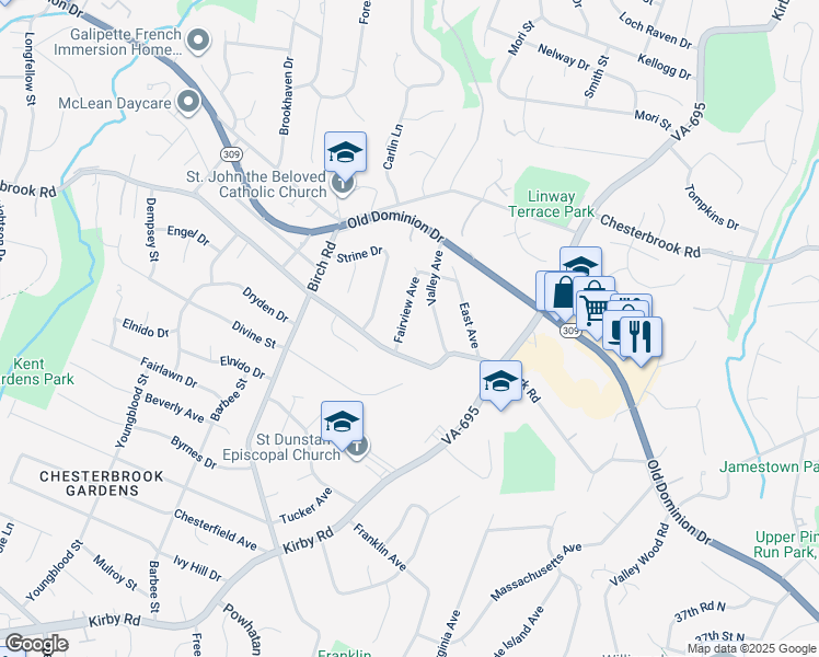 map of restaurants, bars, coffee shops, grocery stores, and more near 1733 Fairview Avenue in McLean