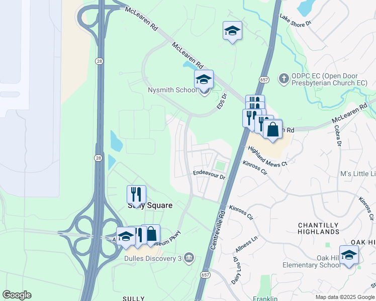 map of restaurants, bars, coffee shops, grocery stores, and more near 13701 Air and Space Museum Parkway in Herndon
