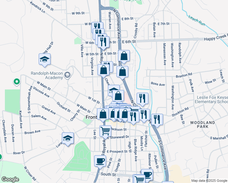 map of restaurants, bars, coffee shops, grocery stores, and more near 141 Chester Street in Front Royal