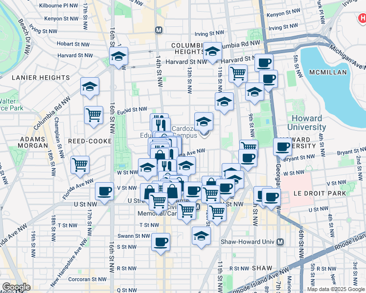 map of restaurants, bars, coffee shops, grocery stores, and more near 1310 Belmont Street Northwest in Washington