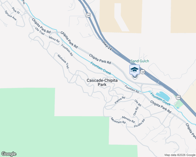 map of restaurants, bars, coffee shops, grocery stores, and more near 9590 Mohawk Trail in Cascade-Chipita Park